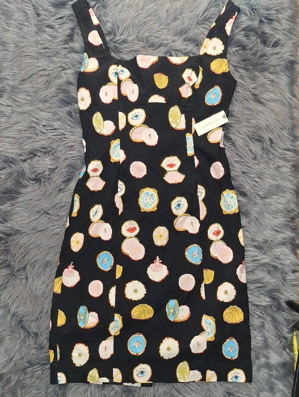 Anthropologie Maeve Black Sundress with Pink Blue Yellow Motif By Danielle Kroll